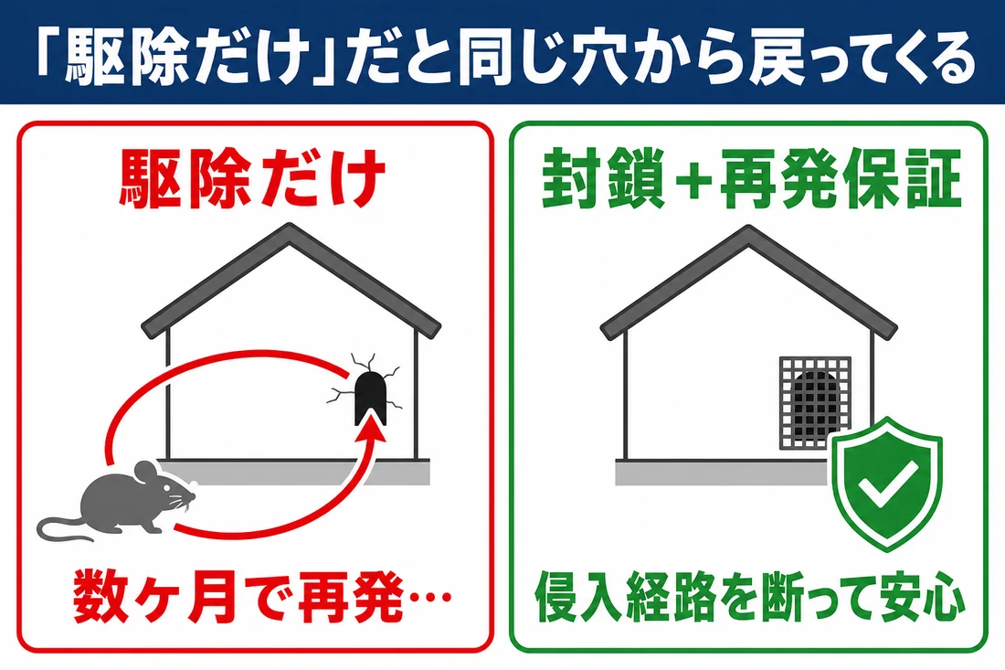駆除だけだと同じ穴から数ヶ月で再発。封鎖と再発保証があれば侵入経路を断って安心
